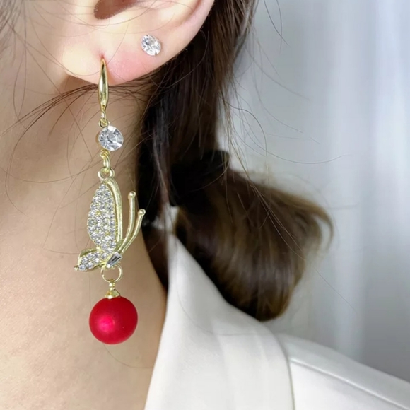 🎀18k/925 Sparkling Butterfly Red Pearl Drop - Picture 4 of 5